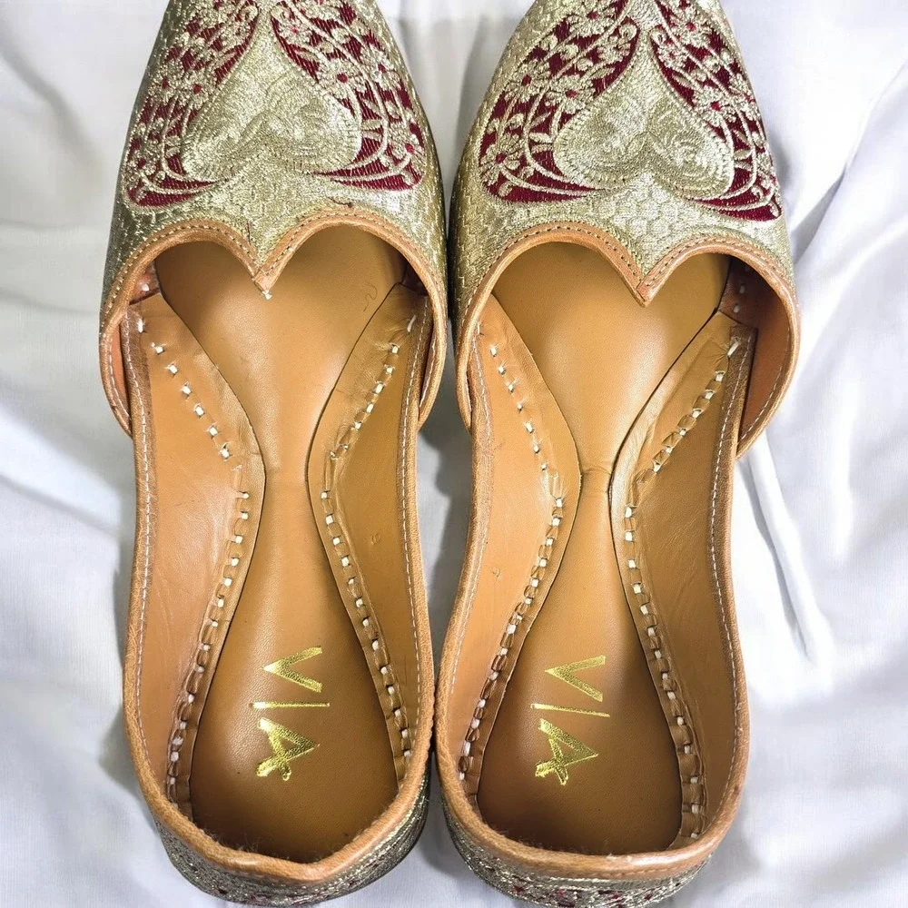 Jutti Khussa Shoes Size‎ 6 Mens Gold Red Heart Embroidered Leather 10.5 Insole
